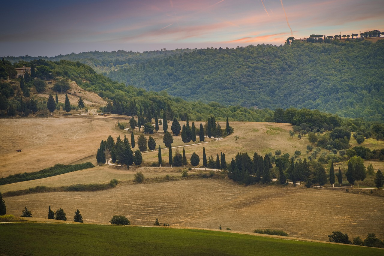 Paesaggio sereno della Toscana con colline verdi e cipressi, simbolo di pace e bellezza naturale.